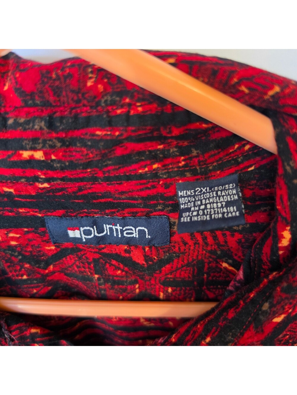 #0280 Puritan Men's 2XL Rayon Button-Up Shirt Red and Black Pattern - Picture 2 of 6